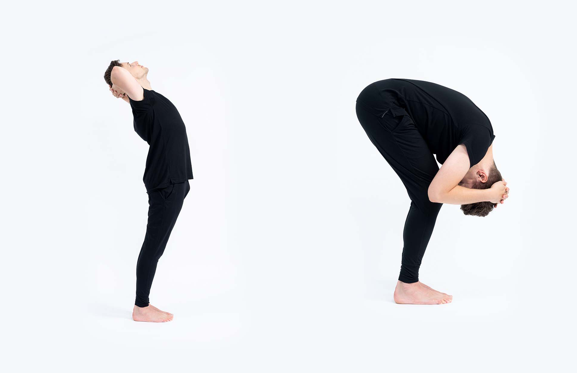 A person standing extending back to the left and a person crouching with knees bent to the right